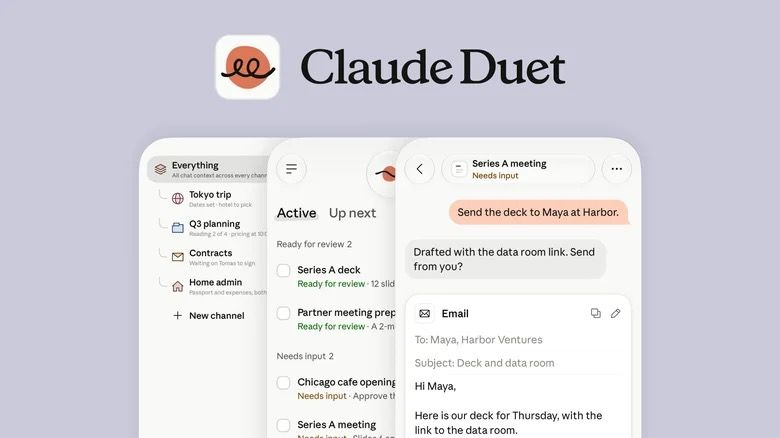 Claude Duet on a phone: a list of items ready for review and an email draft waiting for approval