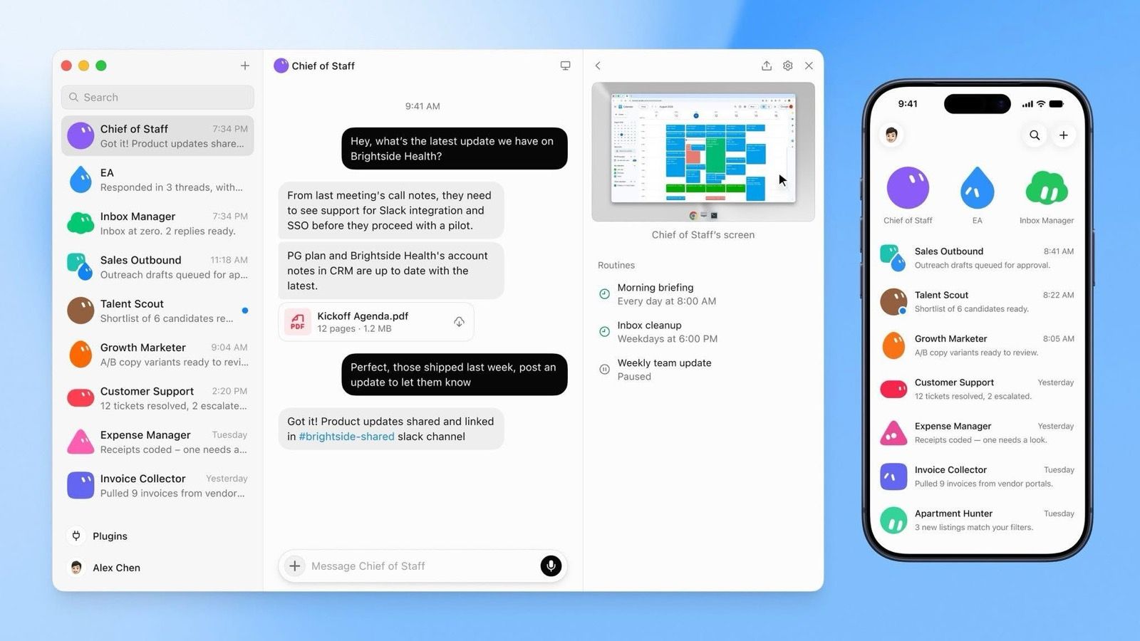 Grok Bot on desktop and iPhone: a Chief of Staff Bot and specialist Bots such as Sales Outbound, Talent Scout and Expense Manager